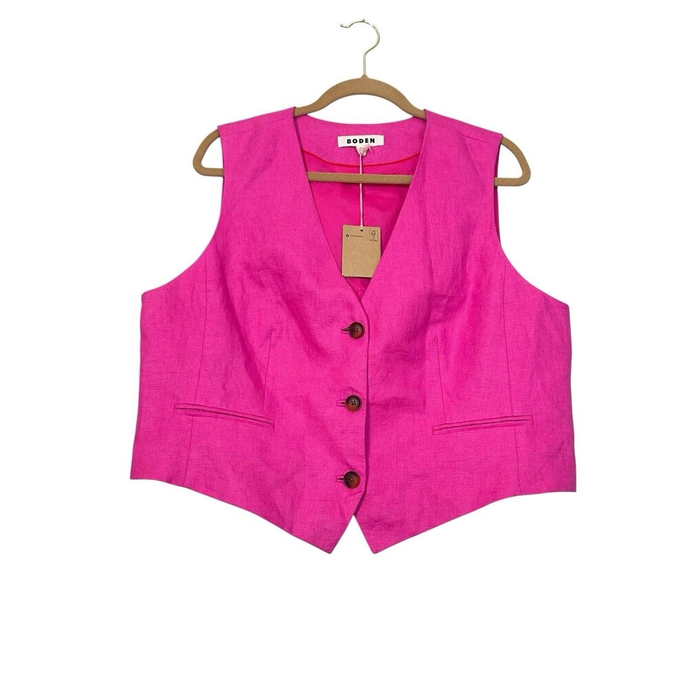 Boden Womens 16 Linen Vest Hot Pink Button Front Tailored Waistcoat NWT